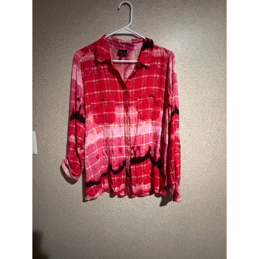 MOD Lusive Womens Red Pink Plaid Tie Dye Button Down Shirt Rayon Size M RN105243